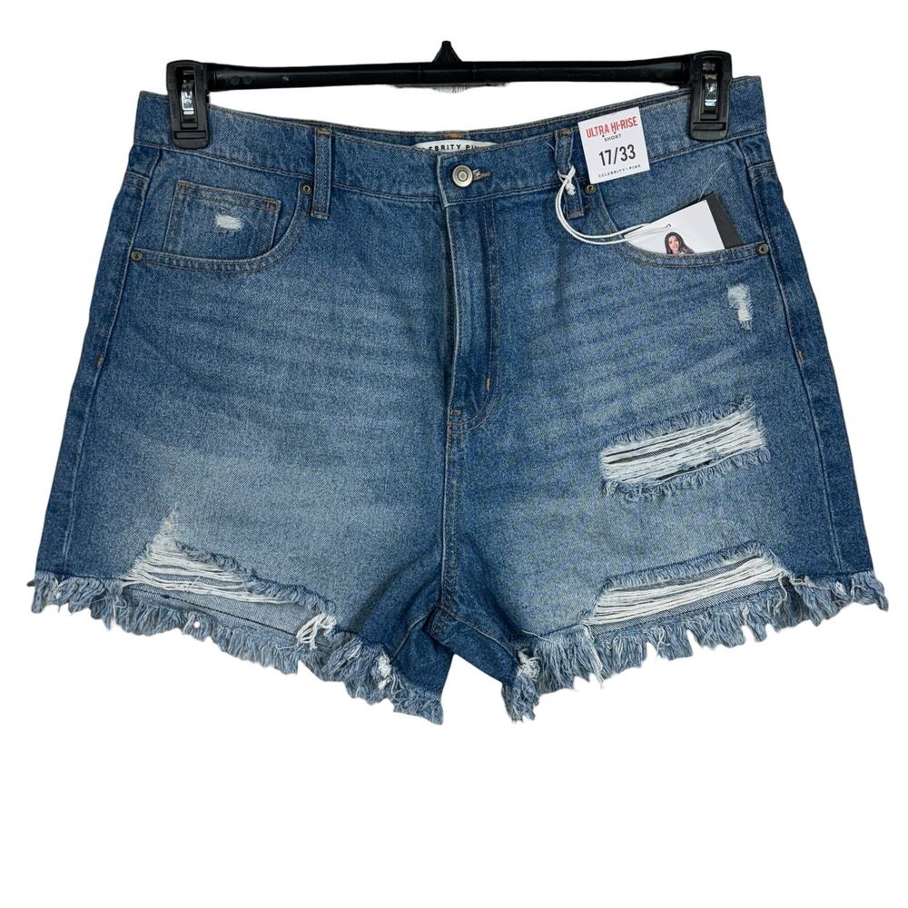 Celebrity Pink JRS SZ 17/33 Jean Shorts Distressed Ultra Hi-Rise Frayed Zip-Fly